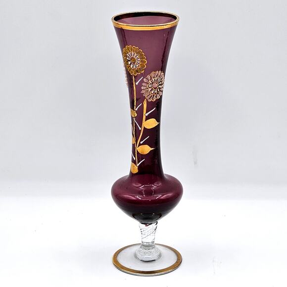 Elegant Footed Pedestal Amethyst Glass Vase - VTG Hand Painted Art Nouveau Decor - Picture 1 of 9